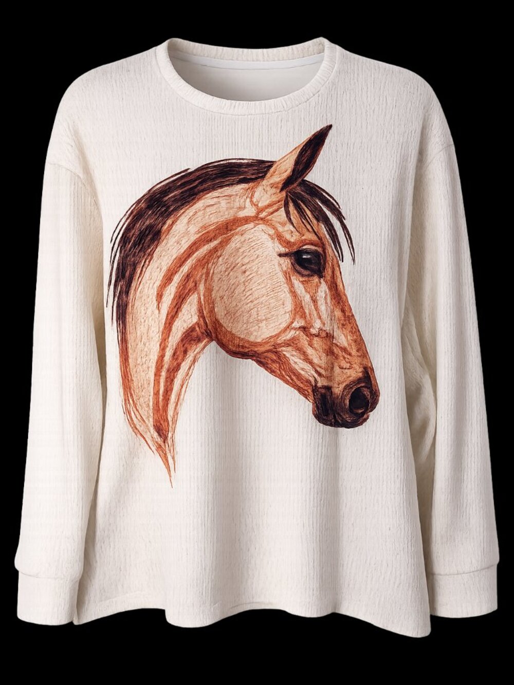 Horse Graphic Waffle-like Knit Pullover Sweatshirt Lg Western Ranch Cottagecore